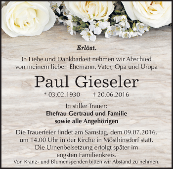 Traueranzeige von Paul Gieseler von Mitteldeutsche Zeitung Halle/Saalkreis