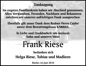Traueranzeige von Frank Riese von WVG - Wochenspiegel Quedlinburg