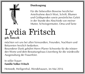 Traueranzeige von Lydia Fritsch von Mitteldeutsche Zeitung Mansfelder Land