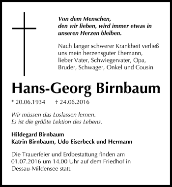 Traueranzeige von Hans-Georg Birnbaum von Mitteldeutsche Zeitung Dessau-Roßlau