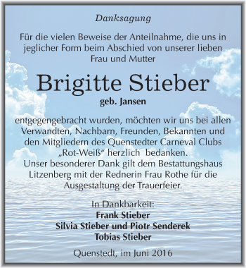 Traueranzeige von Brigitte Stieber von Mitteldeutsche Zeitung Mansfelder Land