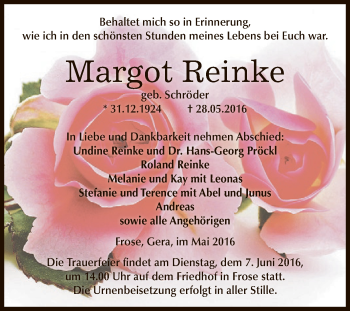 Traueranzeige von Margot Reinke von Super Sonntag Aschersleben