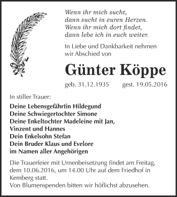 Traueranzeige von Günter Köppe von WVG - Wochenspiegel Bitterfeld