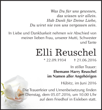Traueranzeige von Elli Reuschel von Mitteldeutsche Zeitung Mansfelder Land