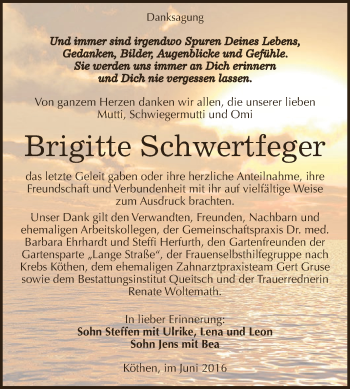 Traueranzeige von Brigitte Schwertfeger von WVG - Wochenspiegel Dessau / Köthen