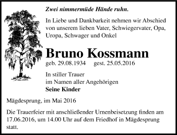 Traueranzeige von Bruno Kossmann von Mitteldeutsche Zeitung Quedlinburg