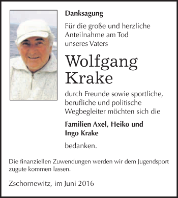 Traueranzeige von Woplfgang Krake von WVG - Wochenspiegel Wittenberg