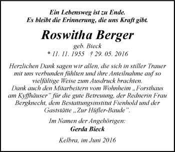 Traueranzeige von Roswitha Berger von Mitteldeutsche Zeitung Sangerhausen