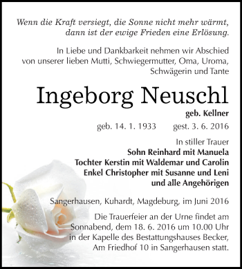 Traueranzeige von Ingeborg Neuschl von Super Sonntag SGH Mansf. Land