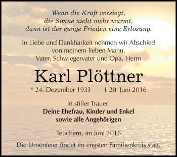 Traueranzeige von Karl Plöttner von WVG - Wochenspiegel NMB / WSF / ZTZ