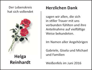Traueranzeige von Helga Reinhardt von Mitteldeutsche Zeitung Weißenfels