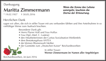 Traueranzeige von Maritta Zimmermann von Mitteldeutsche Zeitung Weißenfels