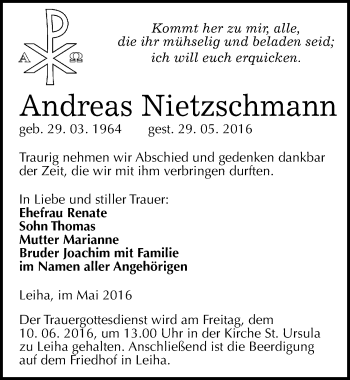 Traueranzeige von Andreas Nietzschmann von Mitteldeutsche Zeitung Merseburg/Querfurt