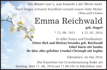 Traueranzeige von Emma Reichwald von Mitteldeutsche Zeitung Sangerhausen