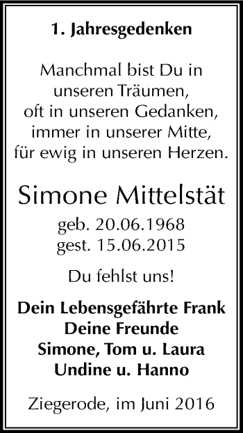 Traueranzeige von Simone Mittelstät von Mitteldeutsche Zeitung Mansfelder Land