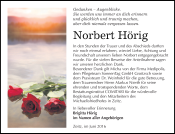 Traueranzeige von Norbert Hörig von Super Sonntag Zeitz