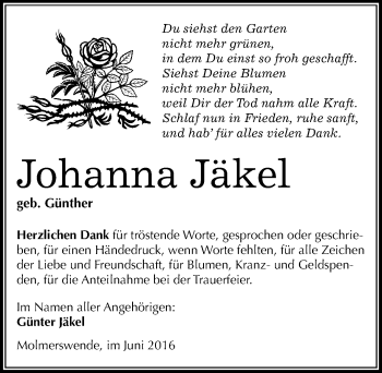 Traueranzeige von Johanna Jäkel von Mitteldeutsche Zeitung Mansfelder Land