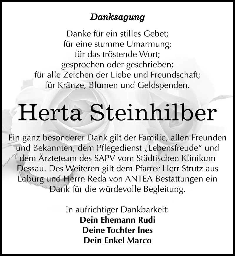 Traueranzeige für Herta  Steinhilber vom 11.06.2016 aus Mitteldeutsche Zeitung Dessau-Roßlau