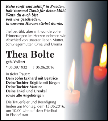 Traueranzeige von Thea Bolte von WVG - Wochenspiegel Dessau / Köthen