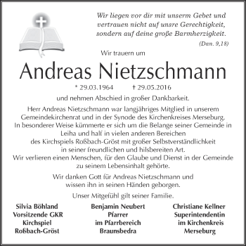 Traueranzeige von Andreas Nietzschmann von Super Sonntag Merseburg