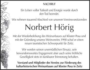 Traueranzeige von Norbert Hörig von Super Sonntag Zeitz