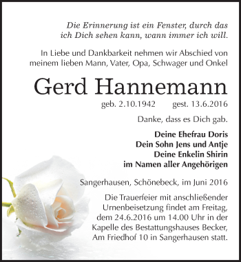 Traueranzeige von Gerd Hannemann von Mitteldeutsche Zeitung Sangerhausen