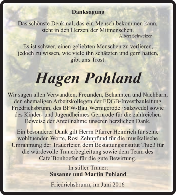 Traueranzeige von Hagen Pohland von Super Sonntag Quedlinburg