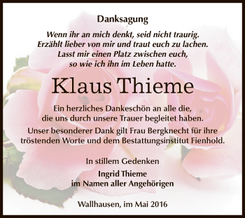 Traueranzeige von Klaus Thieme von Super Sonntag SGH Mansf. Land