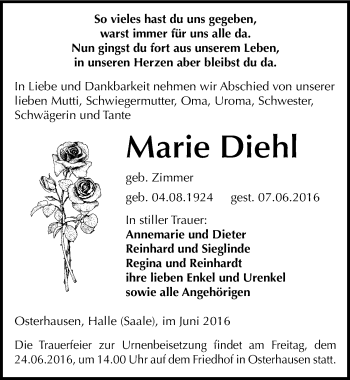 Traueranzeige von Marie Diehl von Mitteldeutsche Zeitung Mansfelder Land
