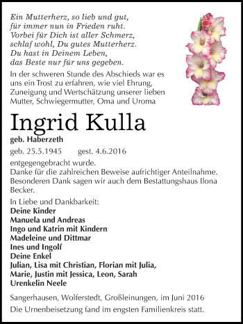 Traueranzeige von Ingrid Kulla von Super Sonntag SGH Mansf. Land