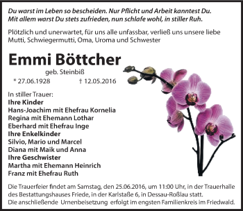 Traueranzeige von Emmi Böttcher von Mitteldeutsche Zeitung Dessau-Roßlau