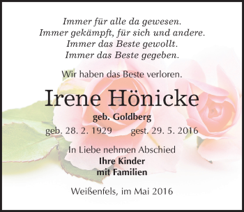 Traueranzeige von Irene Hönicke von Mitteldeutsche Zeitung Weißenfels