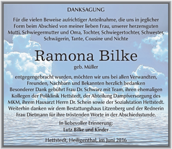 Traueranzeige von Ramona Bilke von Mitteldeutsche Zeitung Mansfelder Land