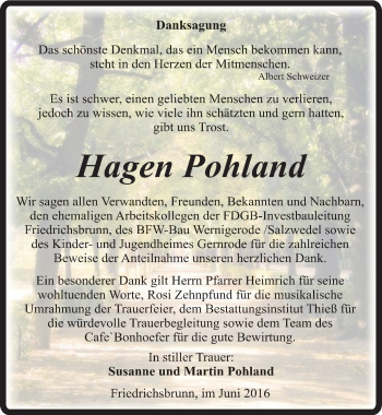 Traueranzeige von Hagen Pohland von Mitteldeutsche Zeitung Quedlinburg