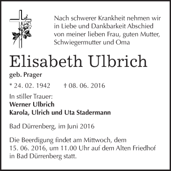 Traueranzeige von Elisabeth Ulbrich von WVG - Wochenspiegel Merseburg