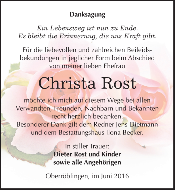 Traueranzeige von Christa Rost von Mitteldeutsche Zeitung Sangerhausen