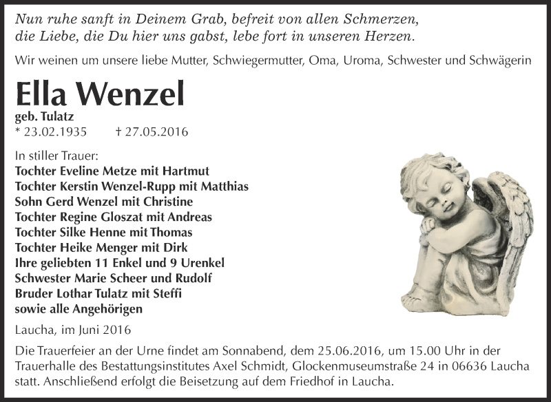  Traueranzeige für Ella Wenzel vom 08.06.2016 aus WVG - Wochenspiegel NMB / WSF / ZTZ