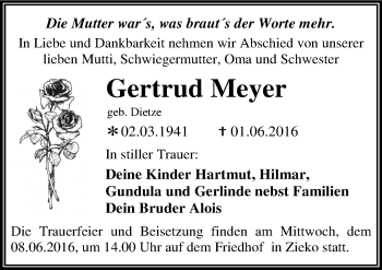 Traueranzeige von Gertrud Meyer von Mitteldeutsche Zeitung Wittenberg