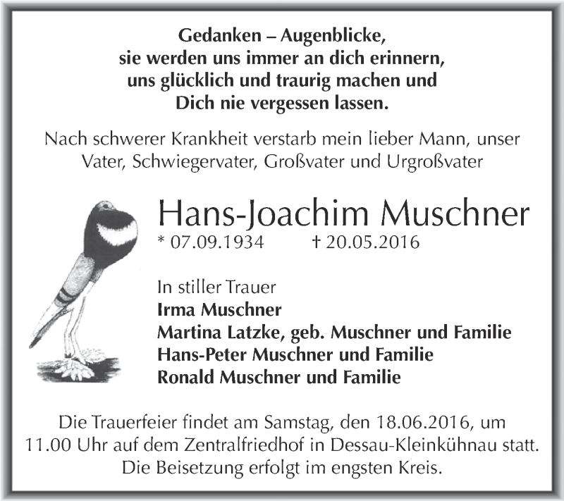  Traueranzeige für Hans-Joachim Muschner vom 11.06.2016 aus WVG - Wochenspiegel Dessau / Köthen