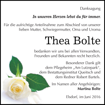 Traueranzeige von Thea Bolte von WVG - Wochenspiegel Dessau / Köthen