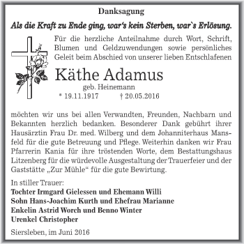 Traueranzeige von Käthe Adamus von Wochenspiegel Mansfelder Land