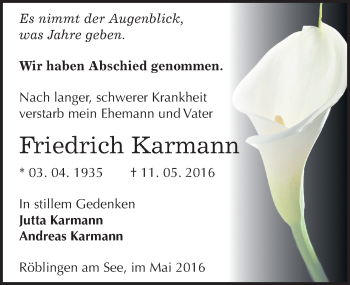 Traueranzeige von Friedrich Karmann von Mitteldeutsche Zeitung Mansfelder Land