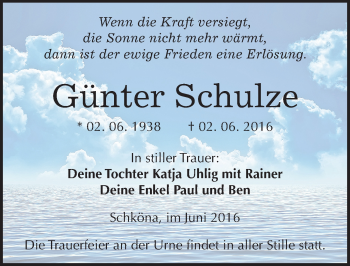 Traueranzeige von Günter Schulze von Mitteldeutsche Zeitung Wittenberg