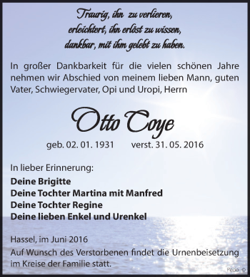 Traueranzeige von Otto Coye von Super Sonntag Zeitz