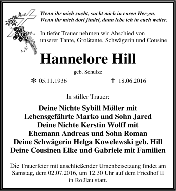 Traueranzeige von Hannelore Hill von Mitteldeutsche Zeitung Dessau-Roßlau