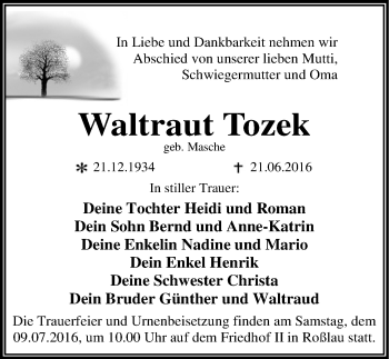 Traueranzeige von Waltraut Tozek von Mitteldeutsche Zeitung Dessau-Roßlau