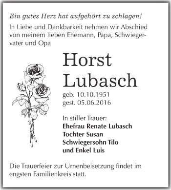 Traueranzeige von Horst Lubasch von WVG - Wochenspiegel Halle