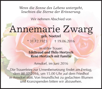 Traueranzeige von Annemarie Zwarg von Mitteldeutsche Zeitung Mansfelder Land