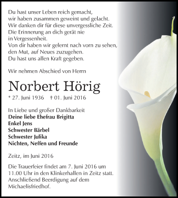 Traueranzeige von Norbert Hörig von Super Sonntag Zeitz