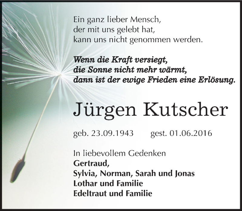  Traueranzeige für Jürgen Kutscher vom 15.06.2016 aus Mitteldeutsche Zeitung Dessau-Roßlau